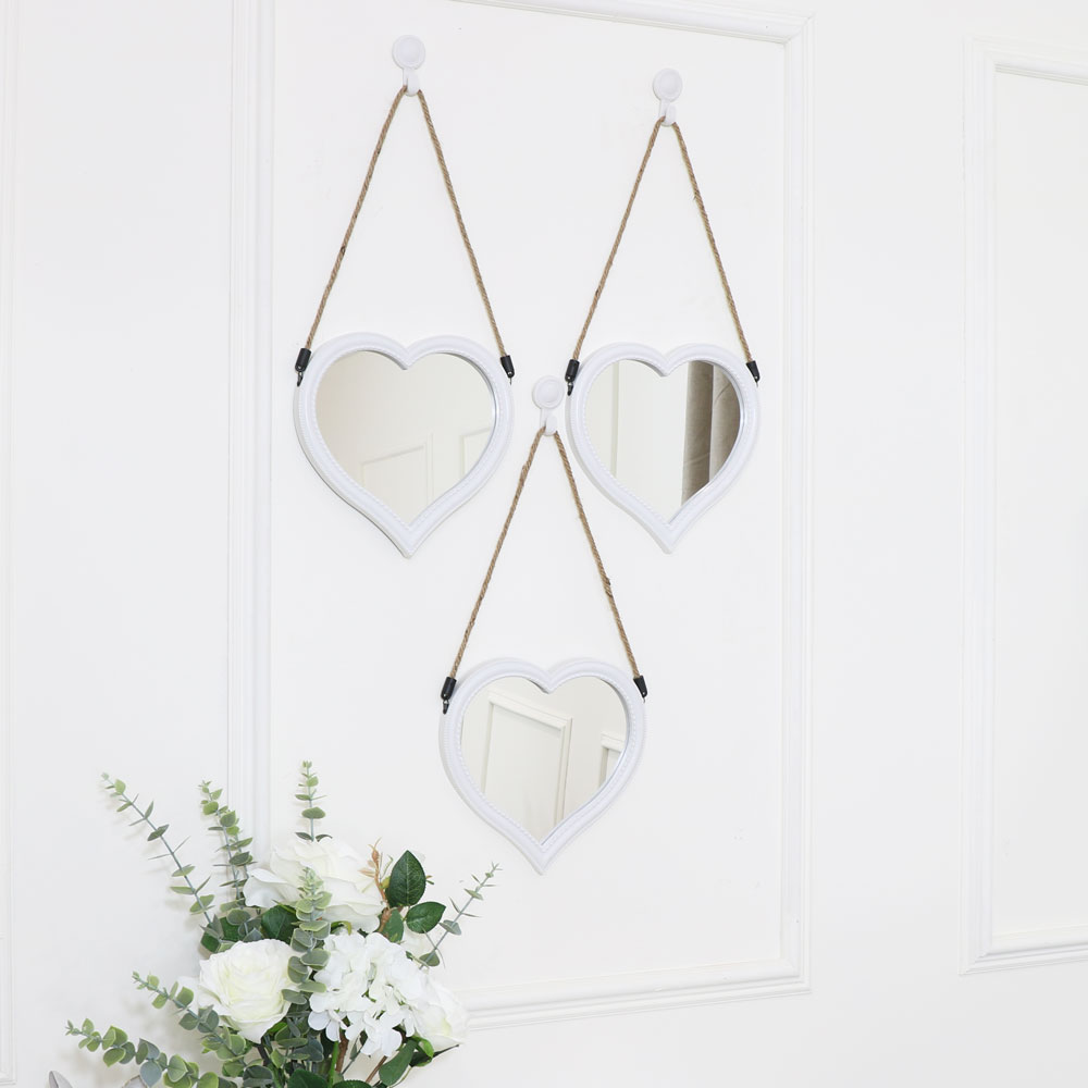 Set Of 3 White Hanging Heart Wall Mirrors
