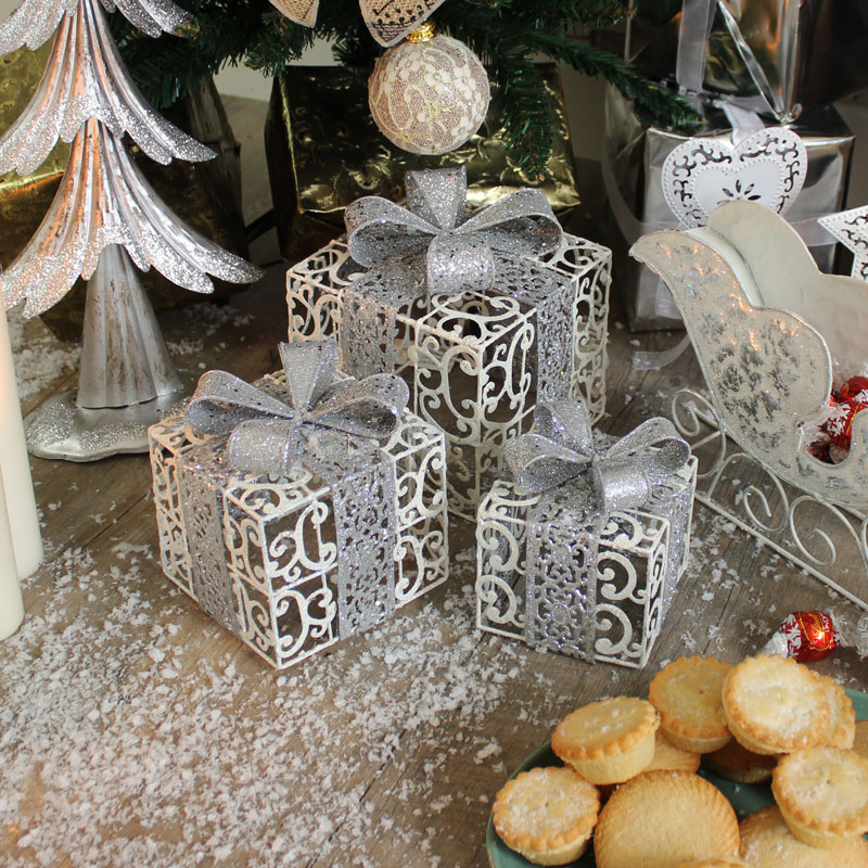 Set of 3 White & Silver Decorative Christmas Presents