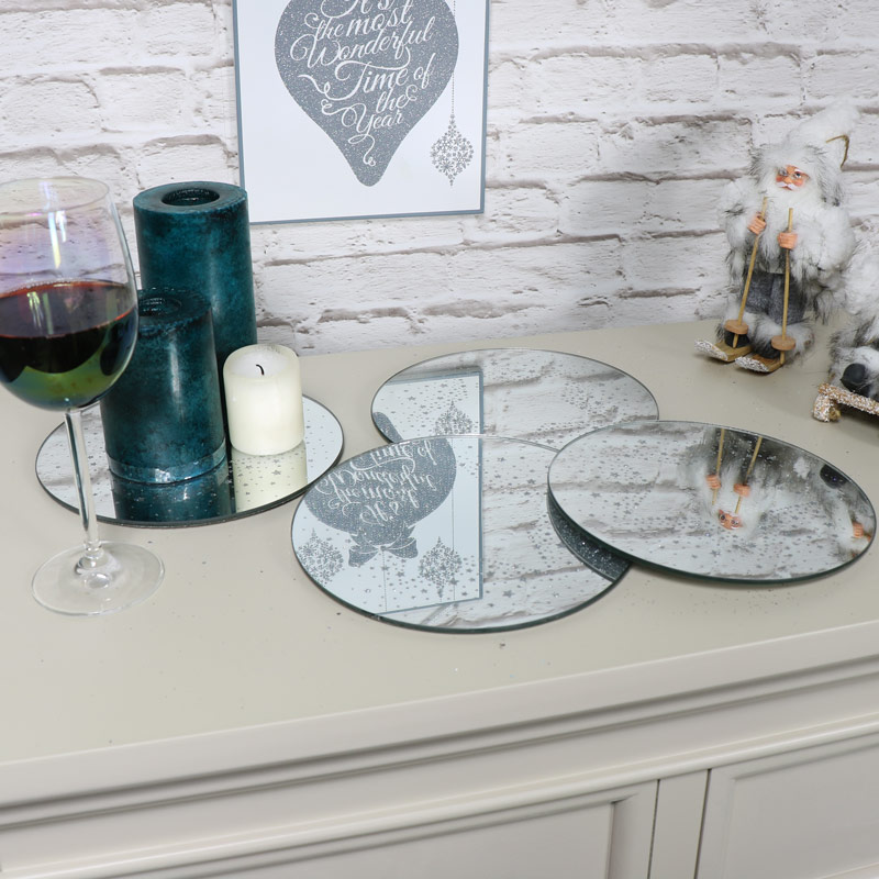 Set of 4 Mirrored Sparkly Candle Plates / Table Mats