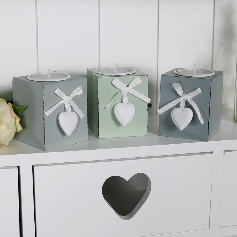 Set of Three Grey Wooden Heart Tealight Holders