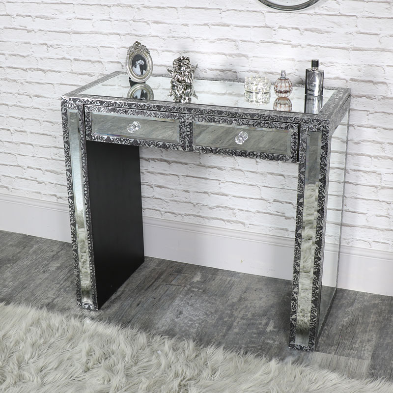 Silver Embossed Mirrored 2 Drawer Dressing Table - Monique Range
