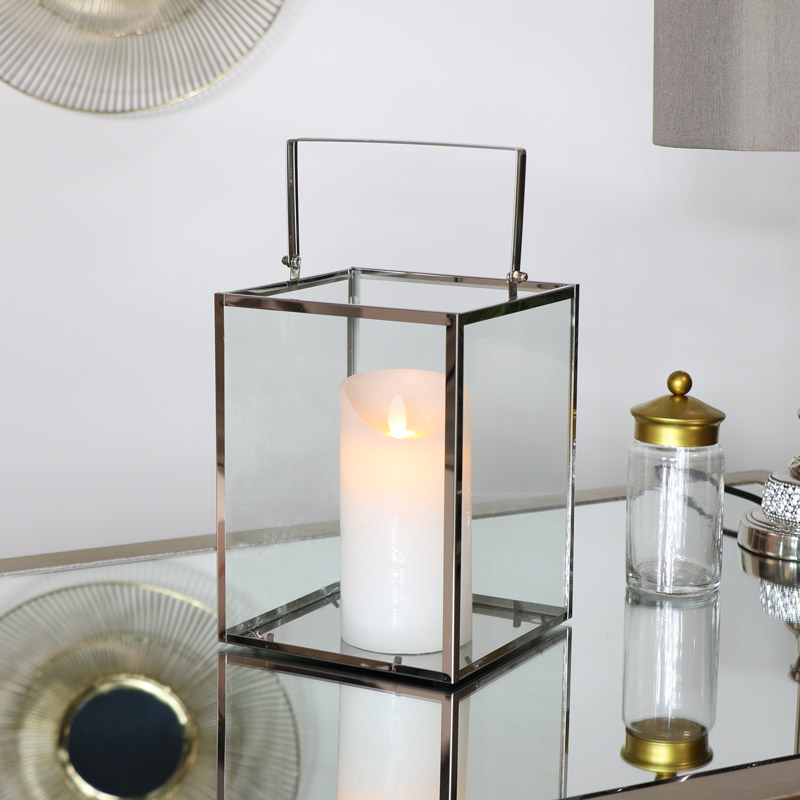 Silver Glass Candle Lantern with LED Candle