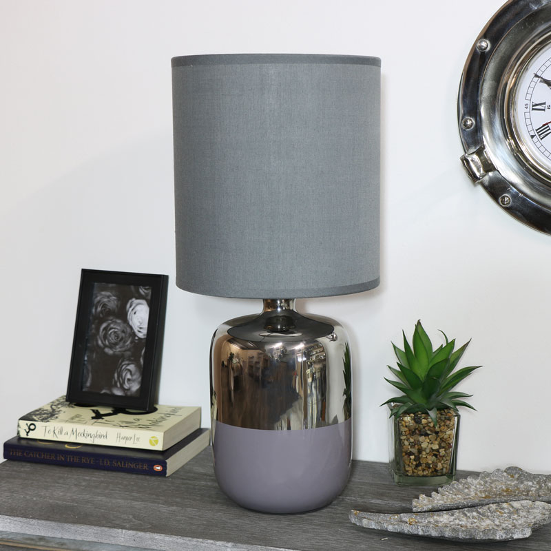 Silver & Grey Ceramic Bedside Table Lamp with Grey Shade
