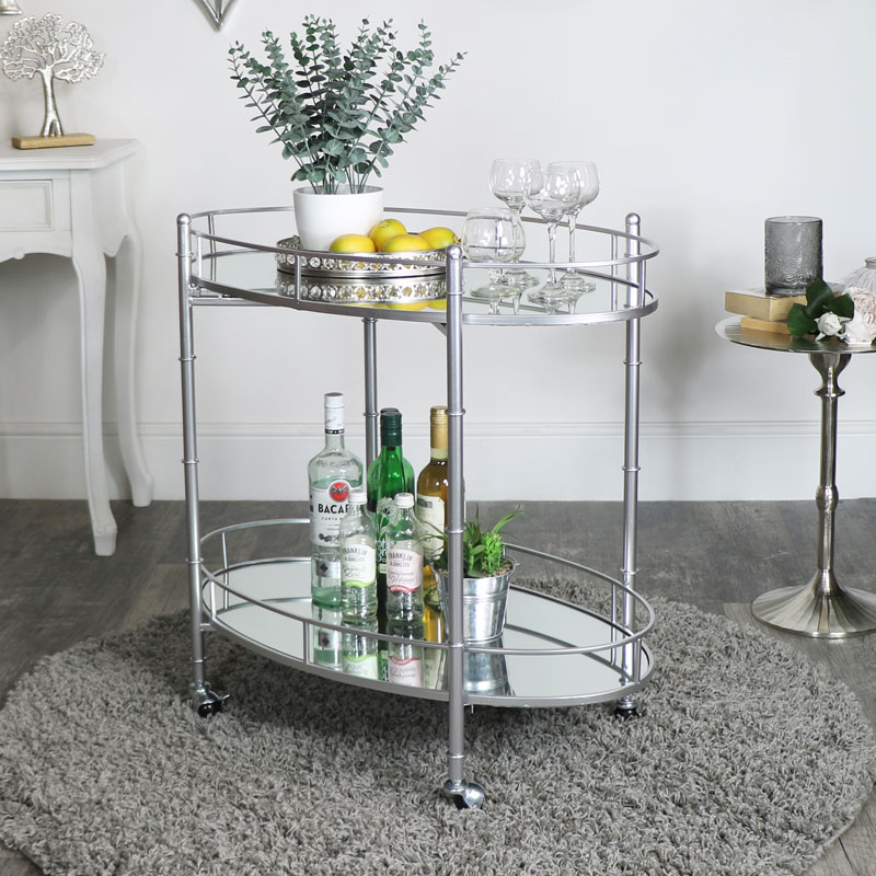 Silver Mirrored Oval Drinks Trolley 