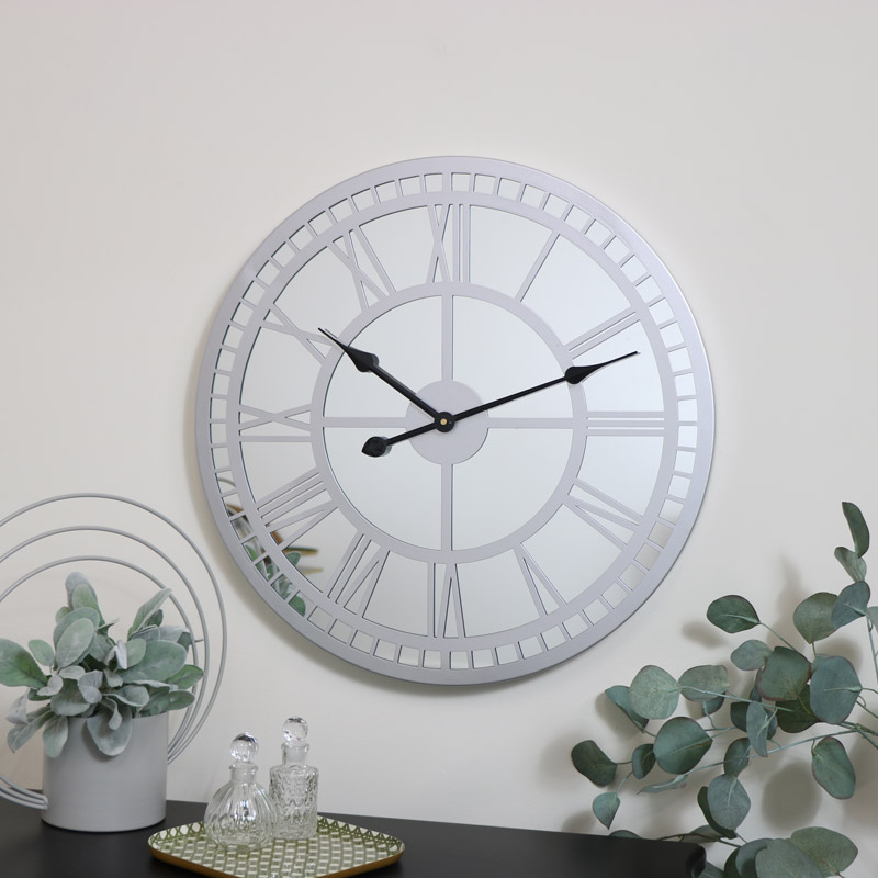 Silver Mirrored Skeleton Clock 60cm x 60cm