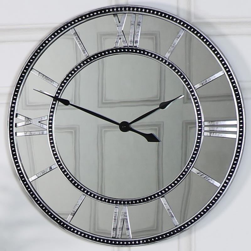 Silver Mirrored Skeleton Wall Clock, Beaded Mirror Wall Clocks