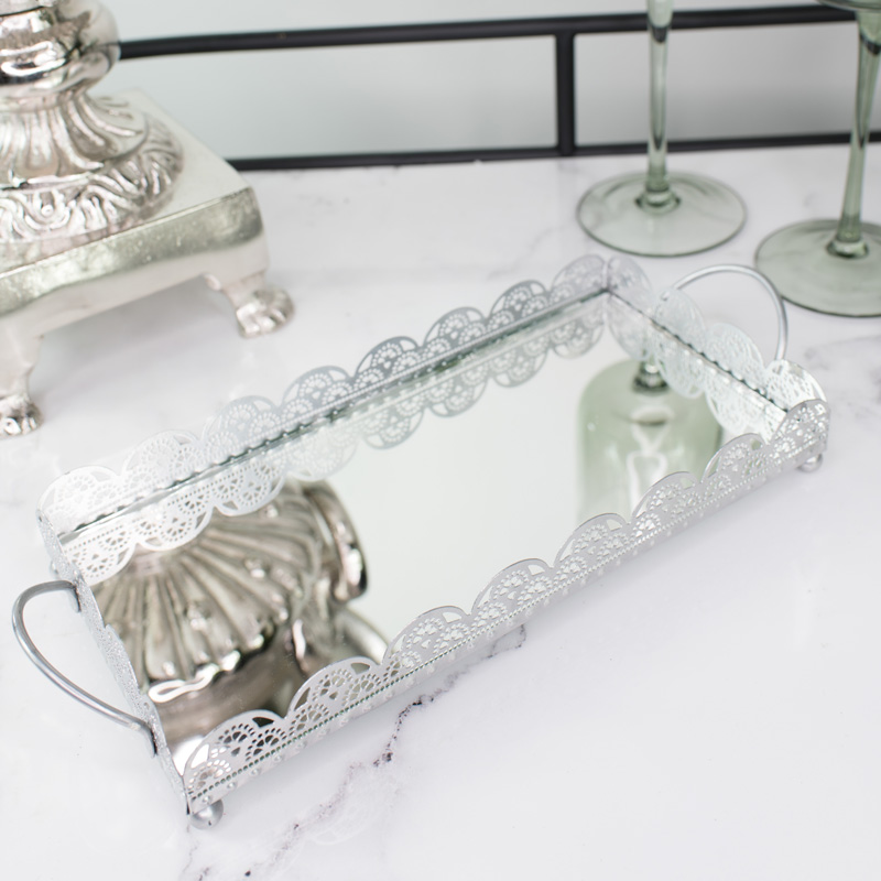 Silver Rectangle Mirrored Tray, Vintage Silver Mirror Tray