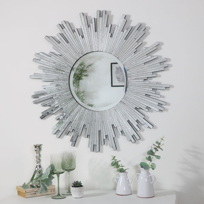 Silver Sunburst Wall Mirror, Sun Mirror Wall Decor Silver