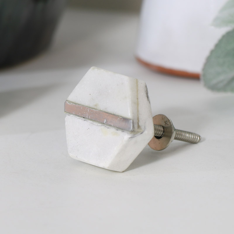 Silver & White Marble Hexagon Drawer Knob