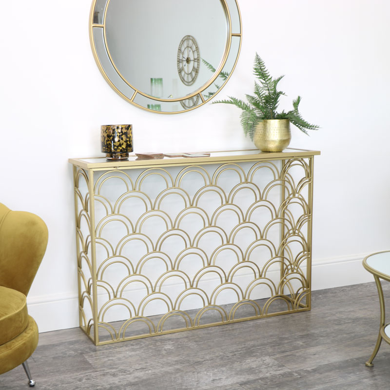 Slim Gold Mirrored Art Deco Console Table, Art Deco Mirrored Side Table