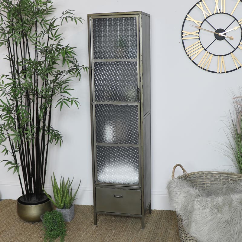 Slim Grey Metal Glass Fronted Storage Cabinet