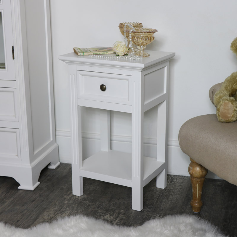 White Wooden 1 Drawer Bedside Table Occasional Bedroom Living Room Slim White Bedside Table Daventry Range