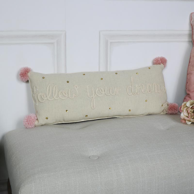 Small Beige Pom Pom Bolster Cushion