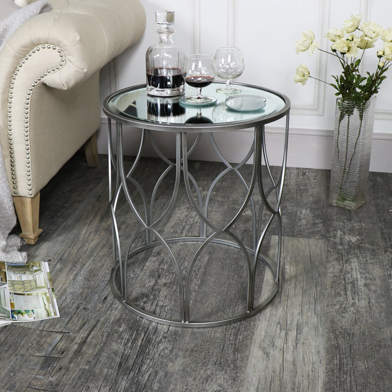 Small Ornate Silver Mirrored Side Table Small Ornate Silver Mirrored Side Table, Mirrored Small End Table