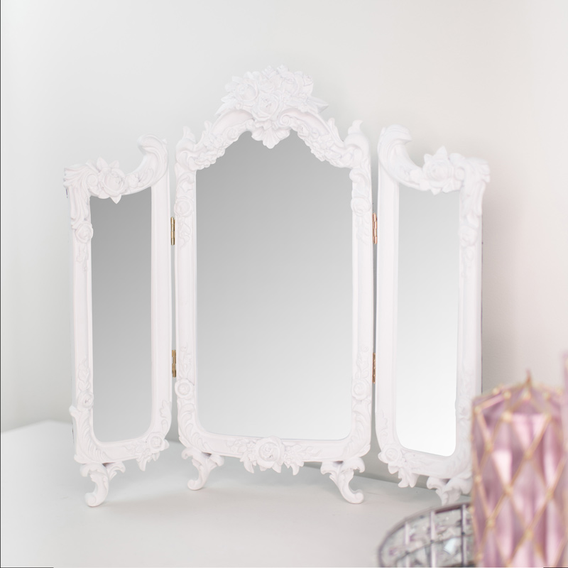 Small White Ornate Rose Triple Mirror 37cm X 38cm Small White Ornate Rose Triple Mirror, White Ornate Mirror Small