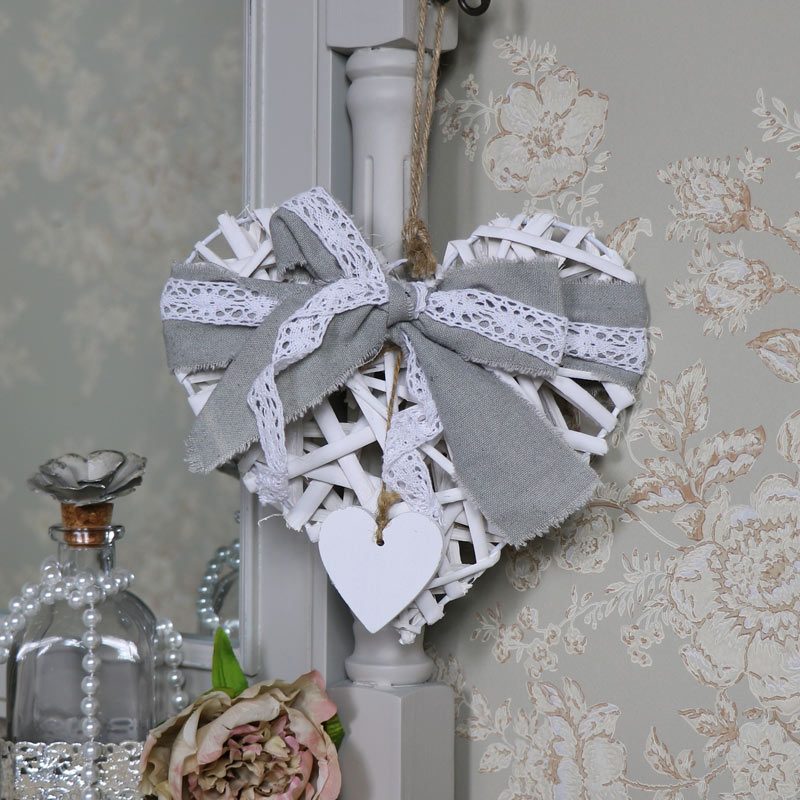 Small White Wicker Heart with Lace Bow