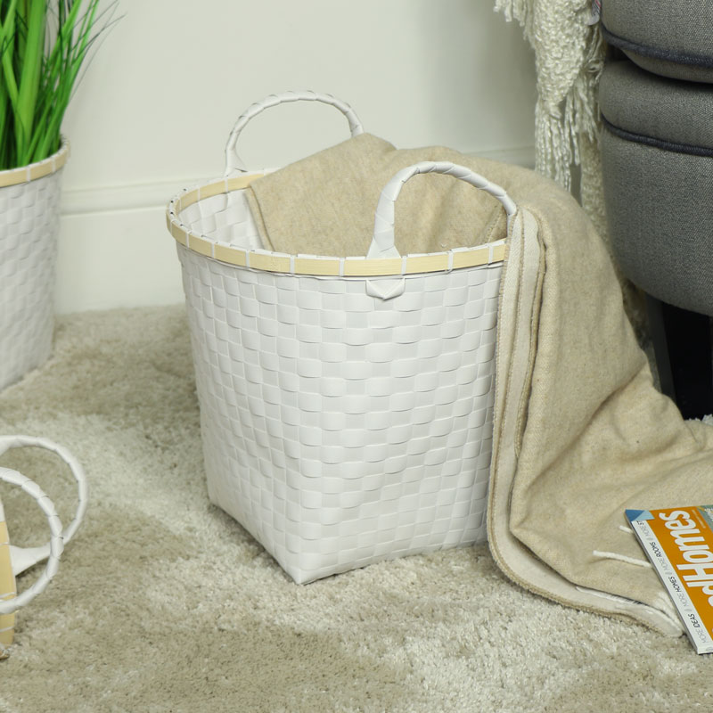 Small White Woven Laundry Basket 