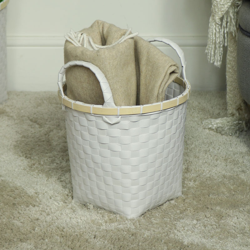 Small White Woven Waste Paper Basket