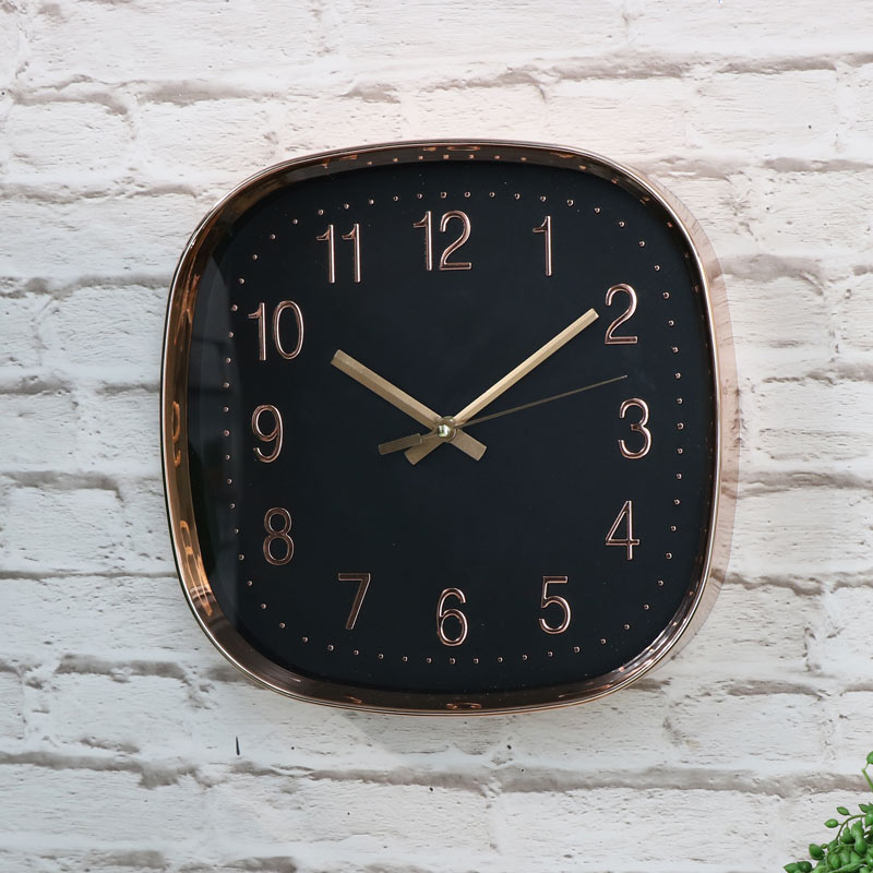 Square Copper Embossed Black Wall Clock
