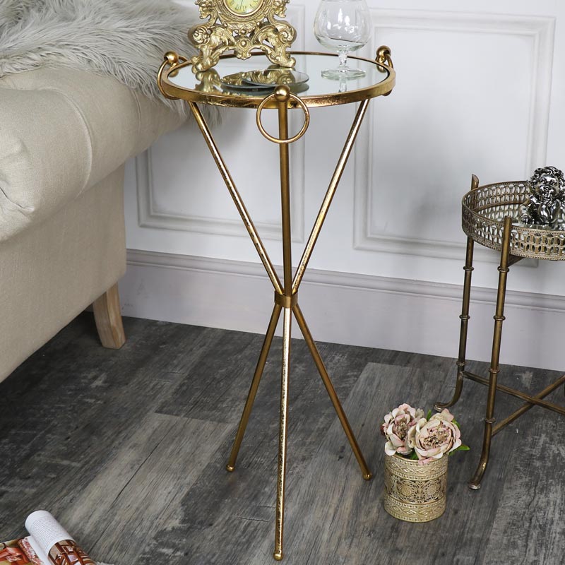 Tall Antique Gold Mirrored Side Table, Gold Mirrored Round Side Table