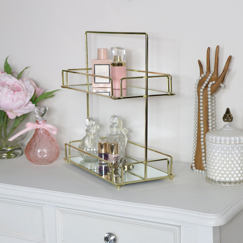 Tall Gold Mirrored 2 Tier Storage Caddy, Pink Mirrored Vanity Tray