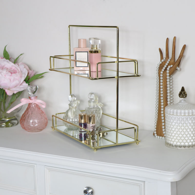 Tall Gold Mirrored 2 Tier Storage Caddy Make Up Perfume Tray Display Decor Tall Gold Mirrored 2 Tier Storage Caddy, Pink Mirrored Vanity Tray