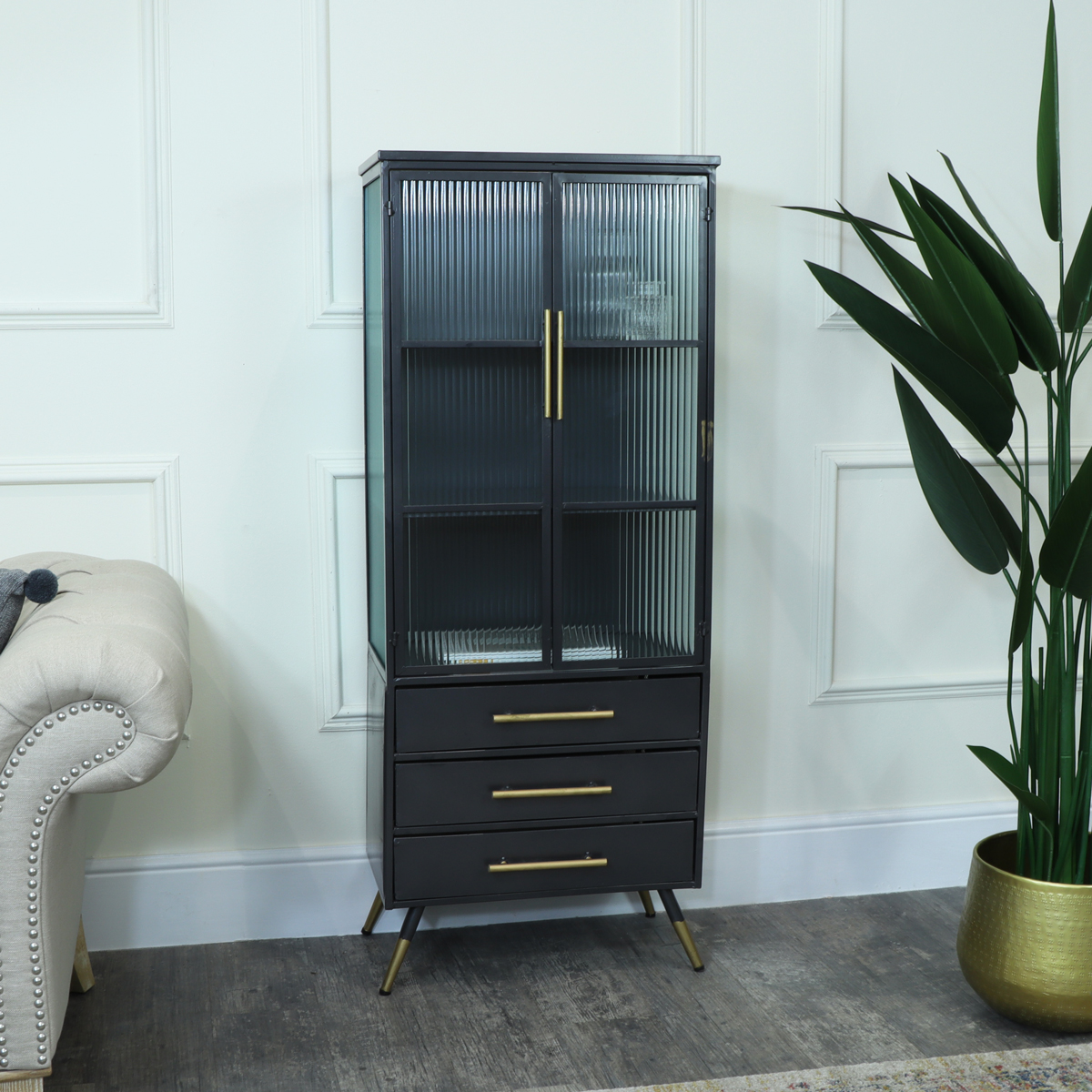 Tall Industrial Grey Metal & Reeded Glass Cabinet