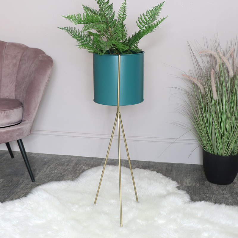 Tall Turquoise & Gold Plant Stand