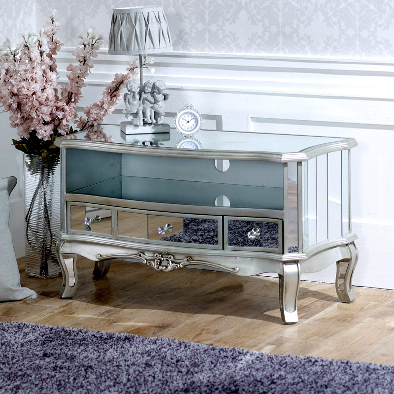 Vintage Silver Mirrored TV Cabinet - Tiffany Range 