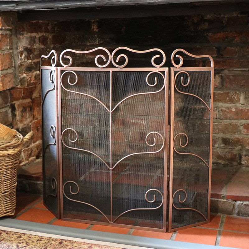 Vintage Copper Ornate Fire Screen Traditional Mesh Black Fireplace