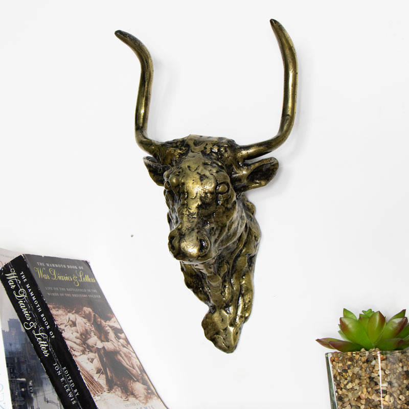Wall Mounted Distressed Brass Coloured Metal Bulls Head