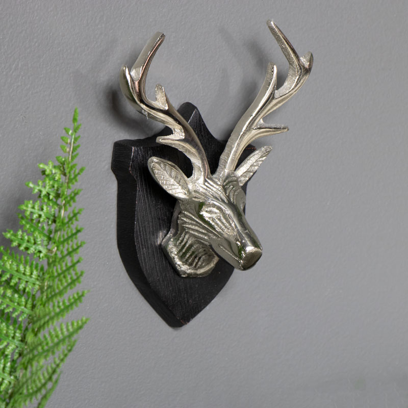 Wall Mounted Silver Stag Head on Shield