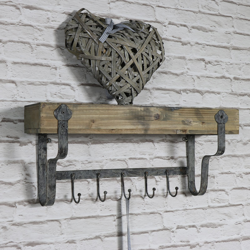 Wall Mounted Wooden Wall Shelf with Hooks