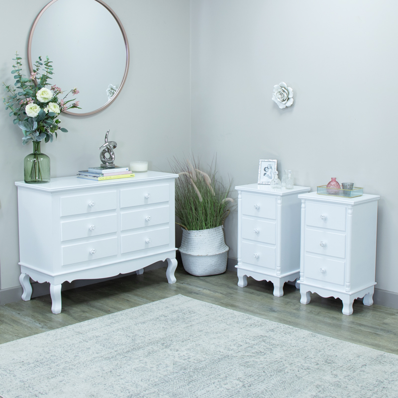 White Bedroom Set, Chest of Drawers and a Pair of Bedside Tables - Lila Range