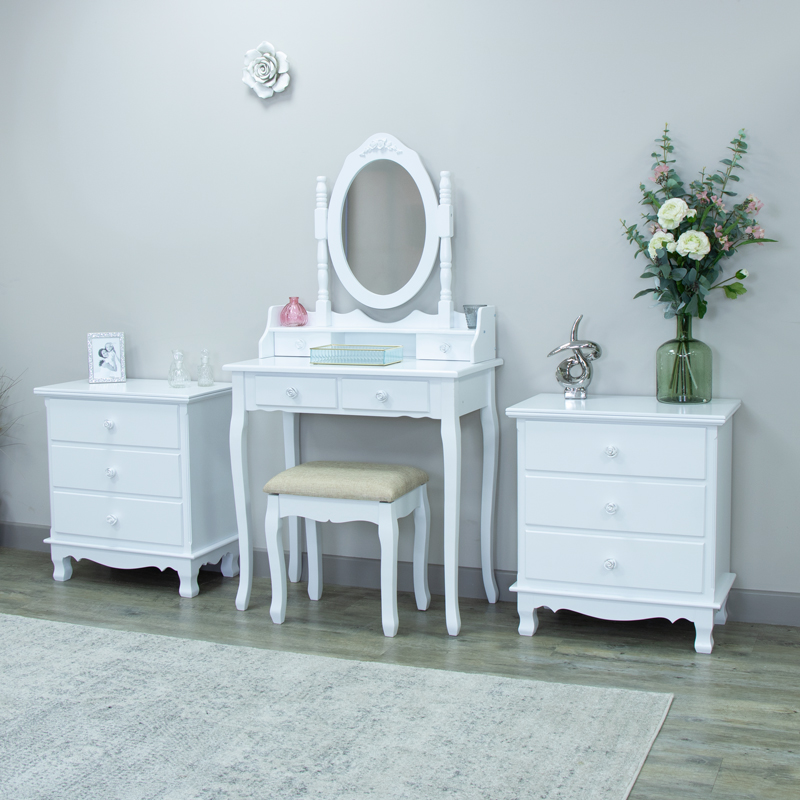 White Bedroom Set, Dressing Table, Mirror, Stool & 2 Chests - Lila Range
