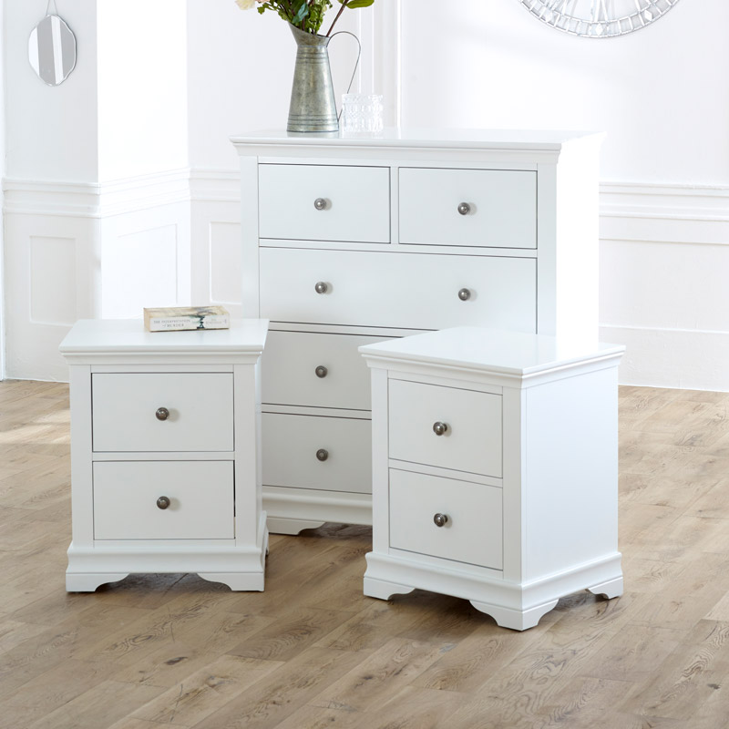 White Chest of Drawers & Pair of Bedside Tables - Newbury White Range