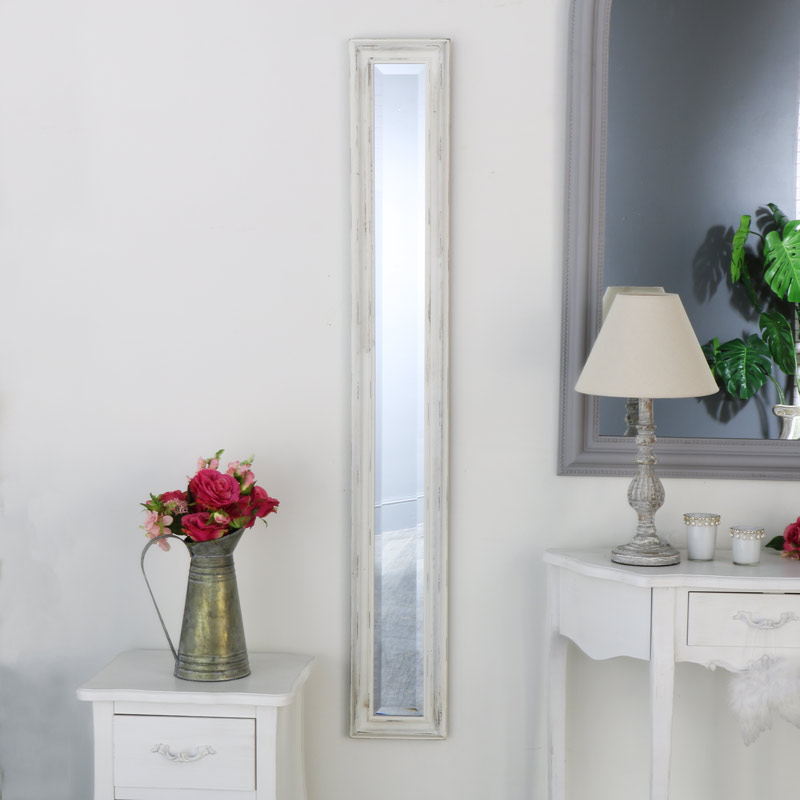 White Distressed Wall Mounted Narrow Mirror