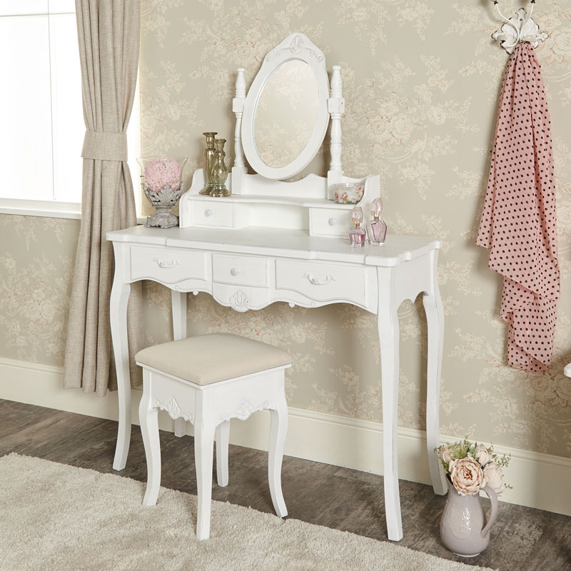 White Dressing Table, Mirror & Stool Set - Jolie Range