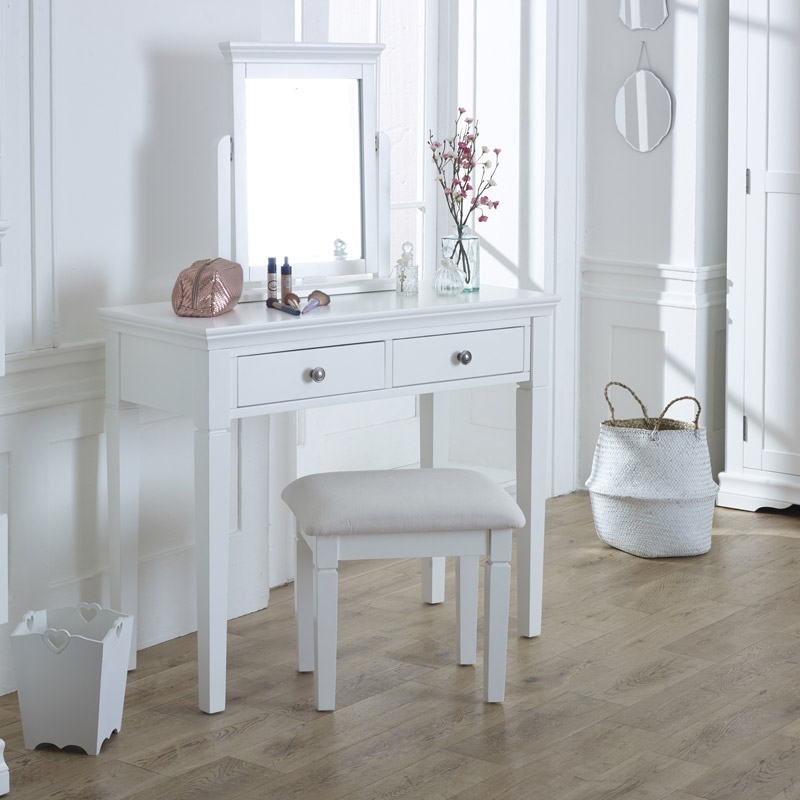 Blanco Espejo De Tocador Vanidad Y Taburete Set Newbury Blanco