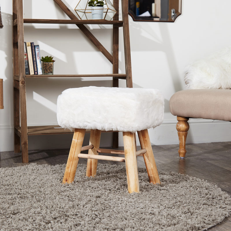 White Faux Fur Top Wooden Stool