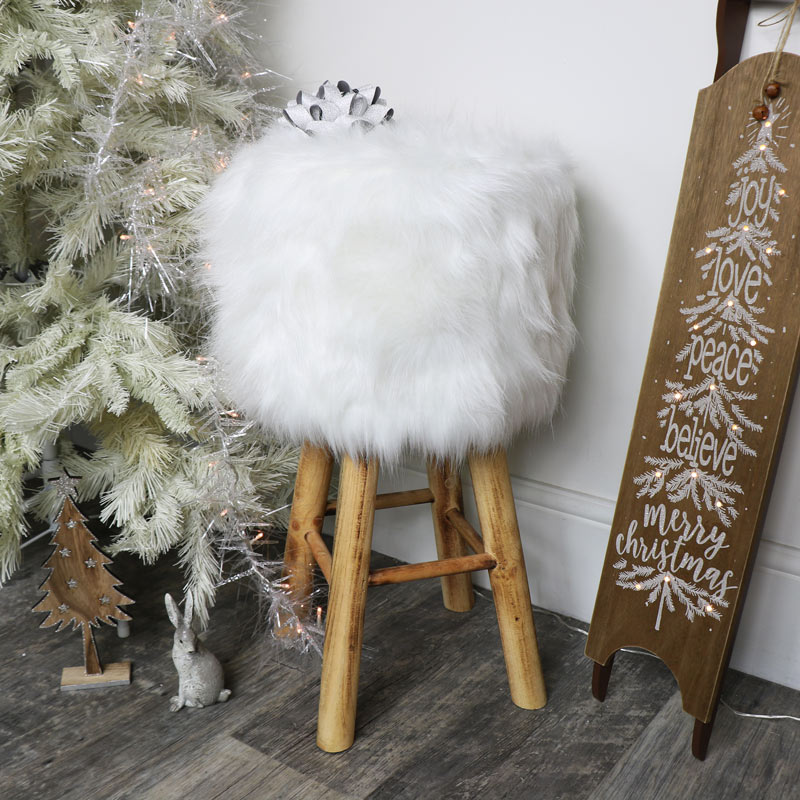 White Faux Fur Upholstered Stool