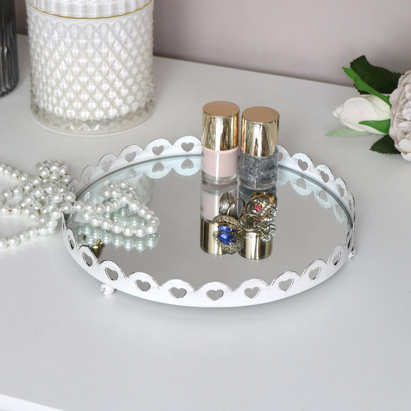 White Heart Detailed Mirrored Tray