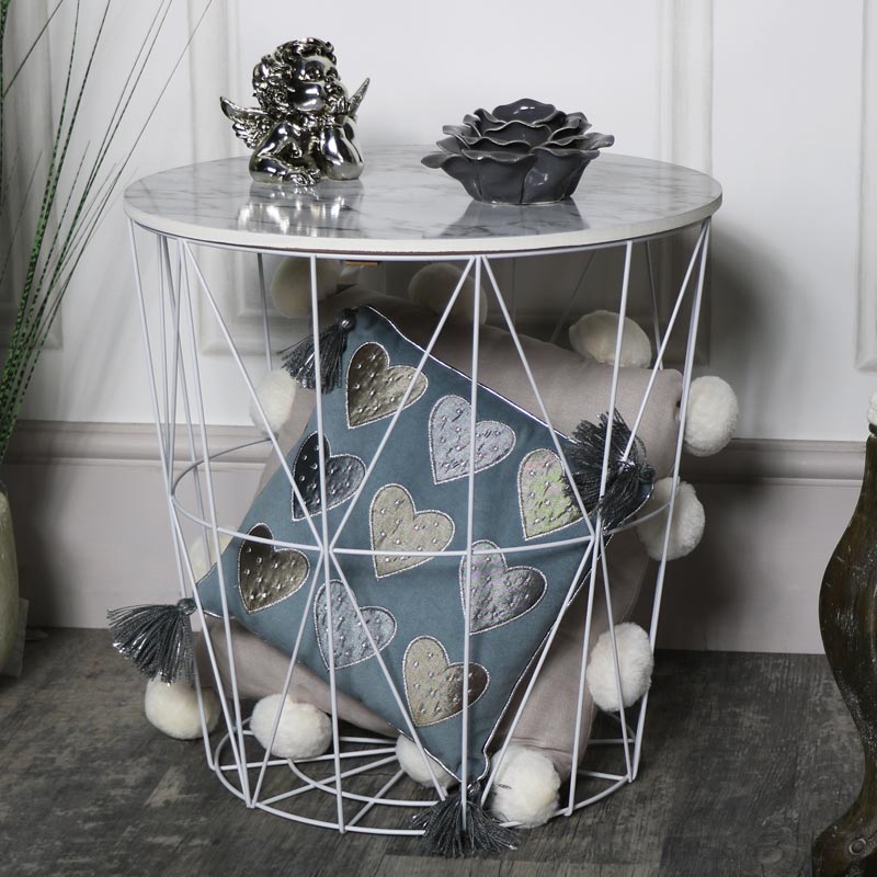 Wood White Marble Effect Wire Basket, White Wood Side Table With Baskets