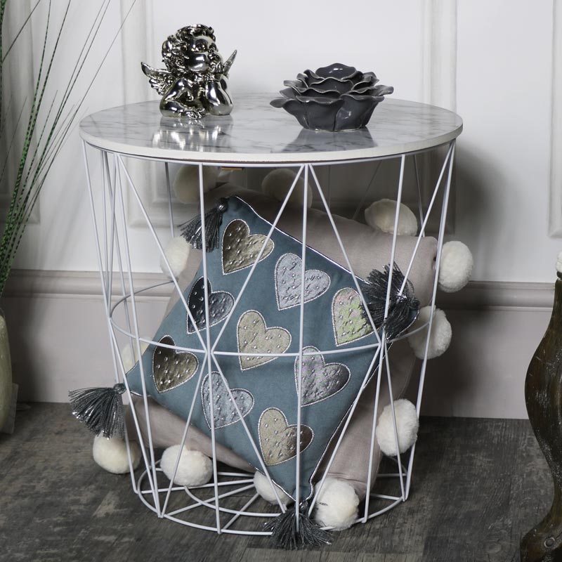 Wood White Marble Effect Wire Basket Side Occasional Table Storage Furniture Ebay