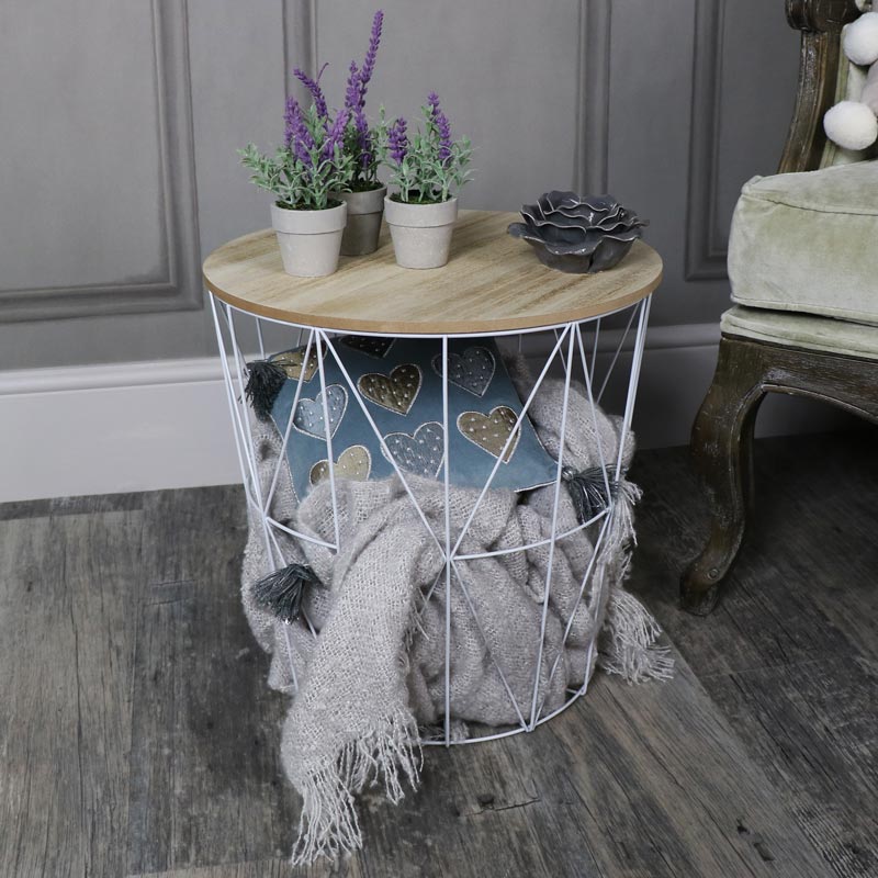 White Metal Wire Basket Wooden Top Side Table - Melody Maison®