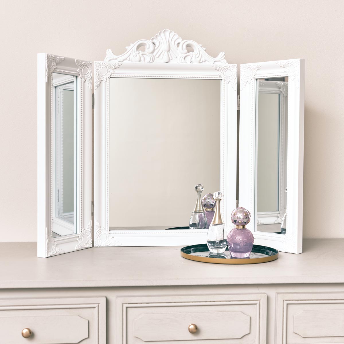White Ornate Triple Mirror