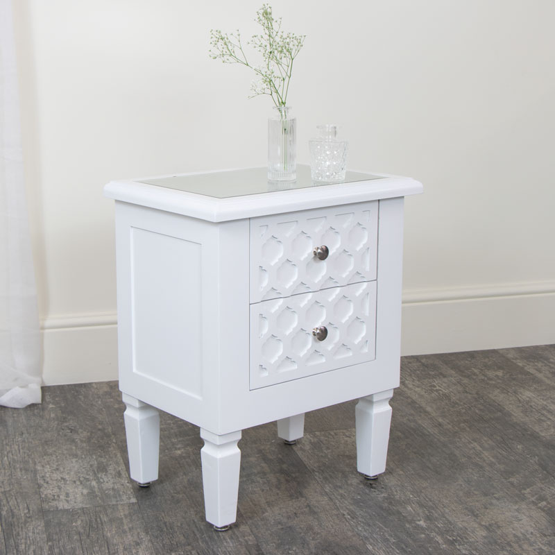 White Two Drawer Bedside Table With Mirrored Top