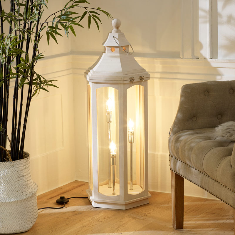 White Washed Wooden Lantern Floor Lamp, Shabby Chic Floor Lamp