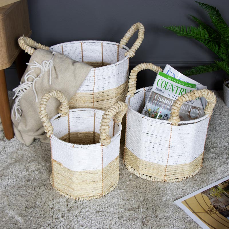 White Wicker Basket Storage Set