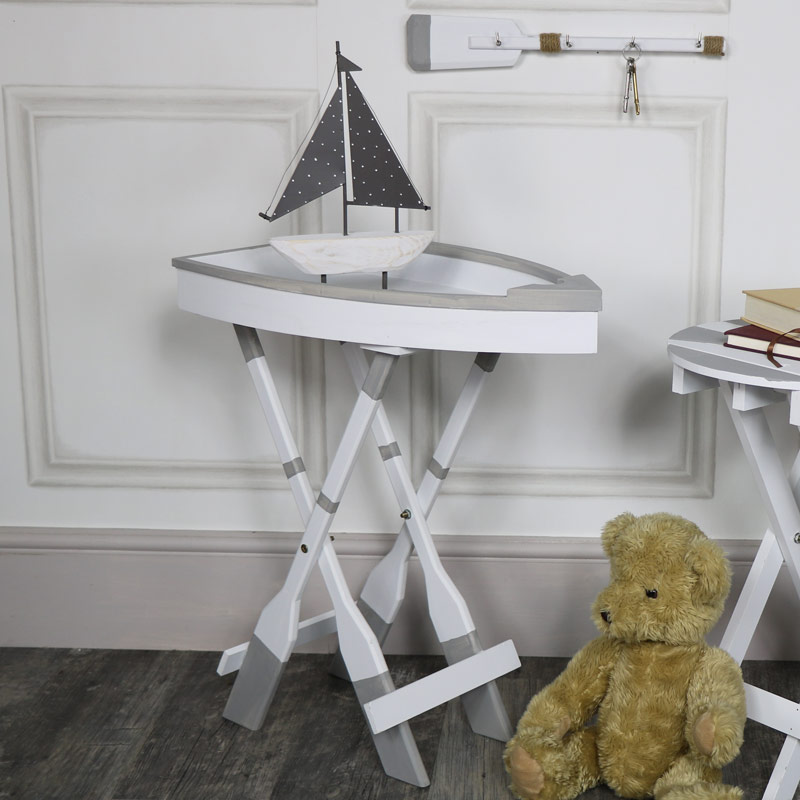 White Wooden Boat Shape Tray Side Table